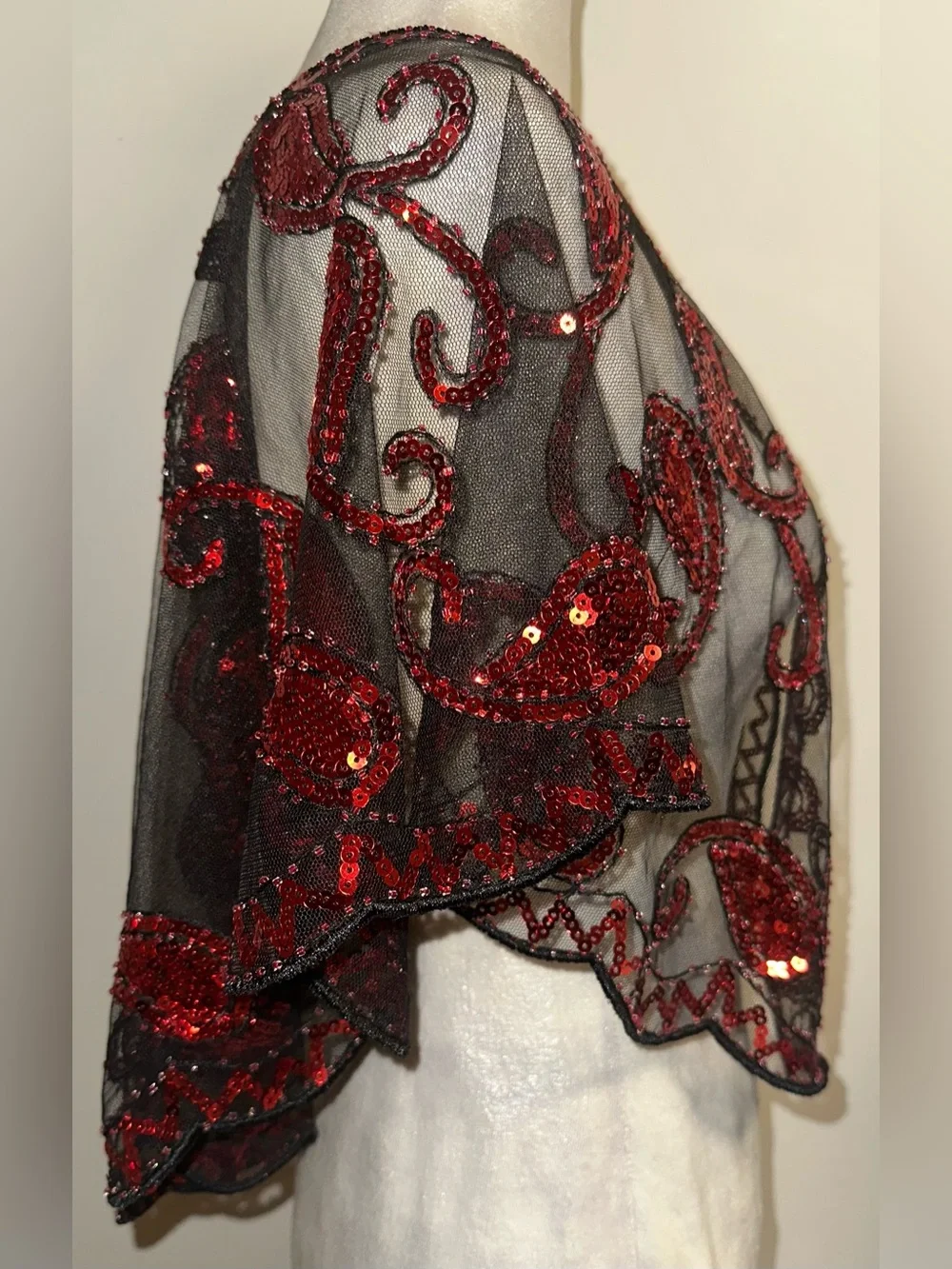 Vintage-Inspired Black Mesh & Red Sequin Shawl